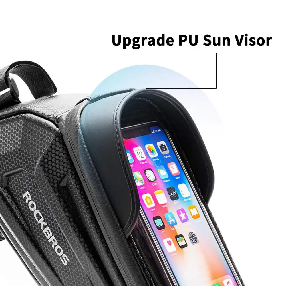 ROCKBROS bike phone bag with front sun visor over touch-screen window