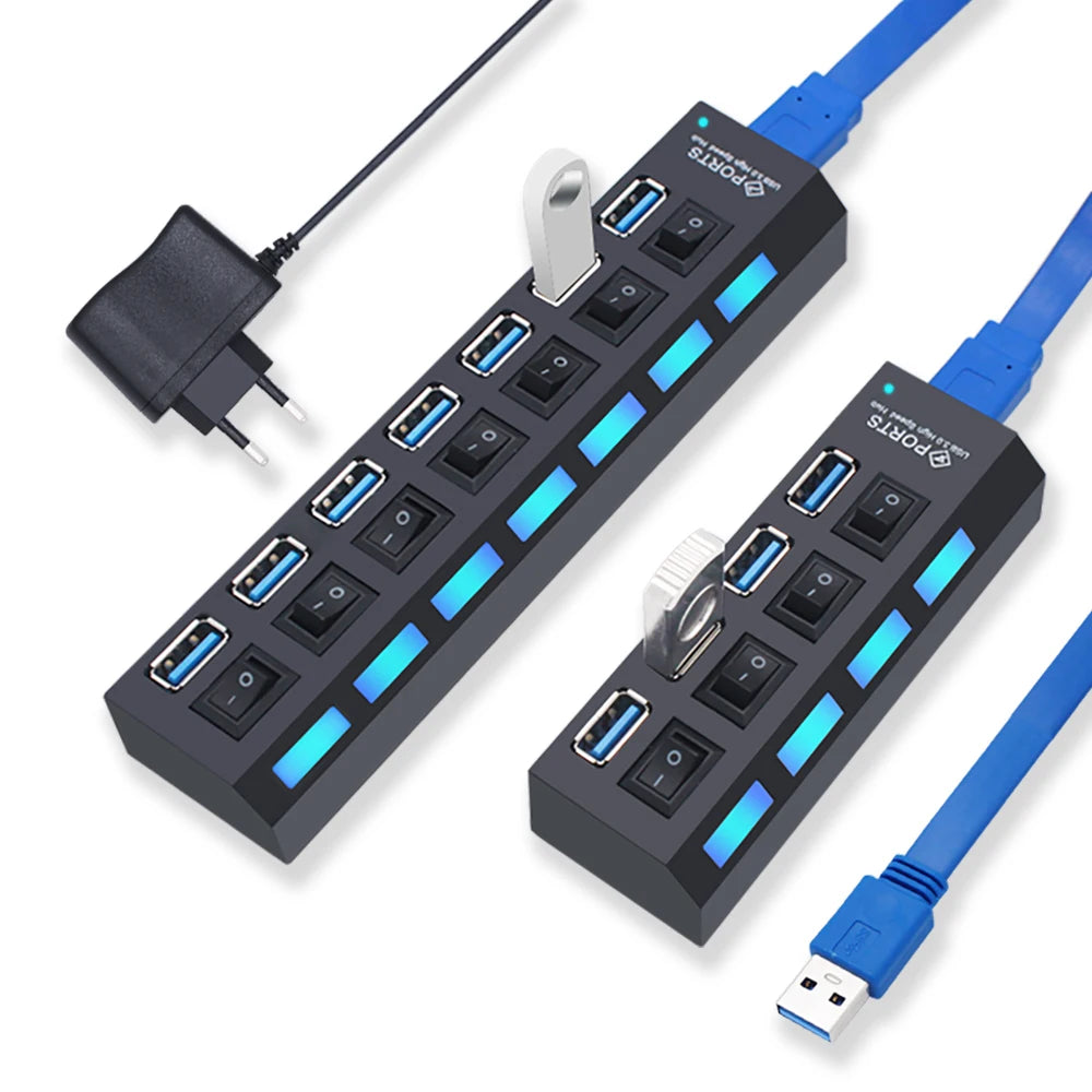 Black USB hub with blue USB cables, multiple ports, and on/off switches