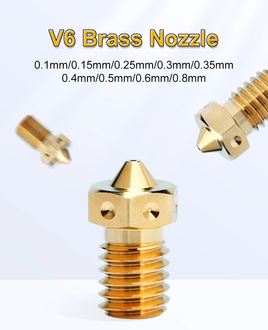 Brass V6 nozzle with conical tip and threaded body