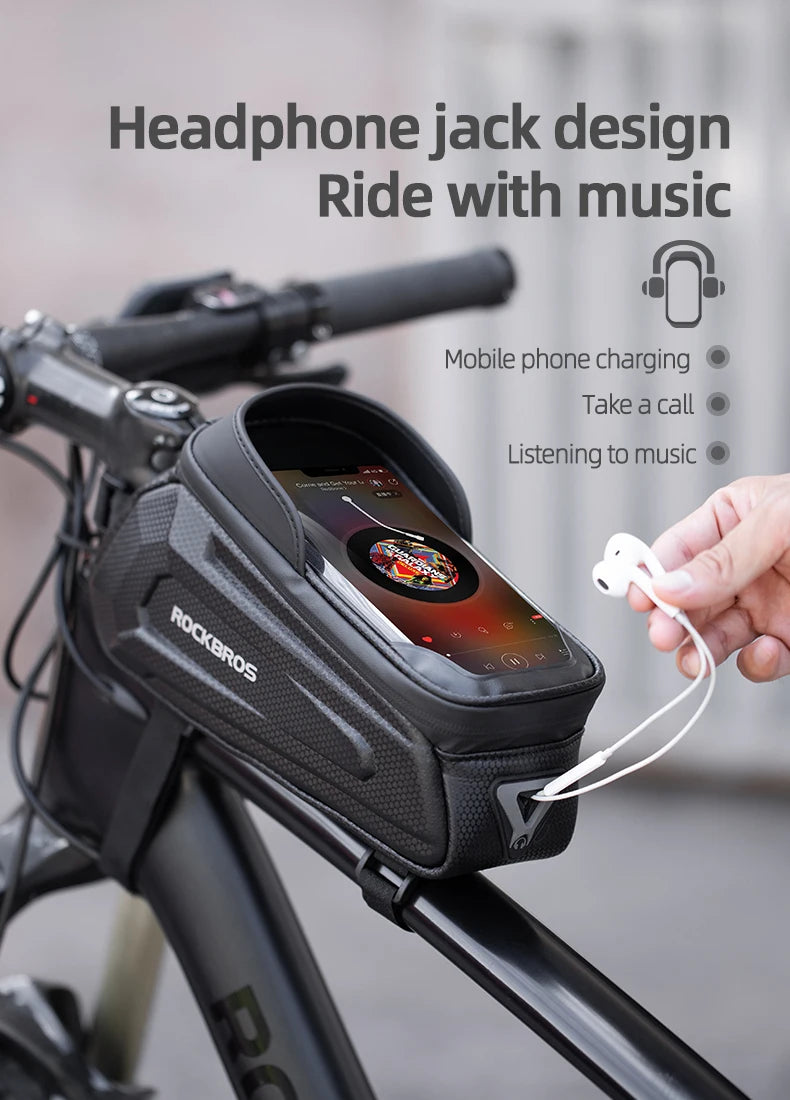 ROCKBROS waterproof bike frame phone bag with headphone jack cable connected