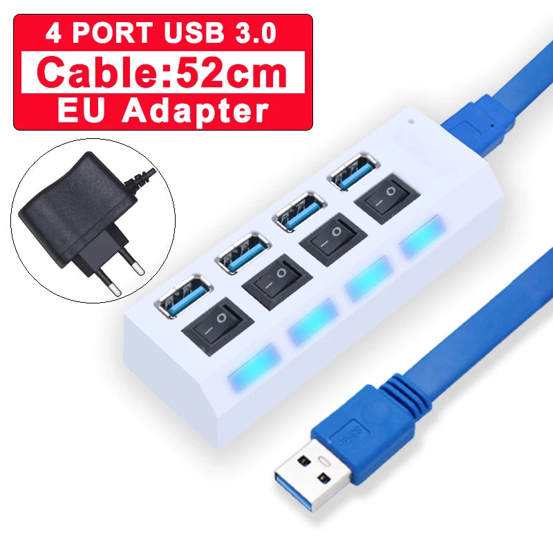 White 4-port USB 3.0 hub with EU adapter, blue cable, switch buttons, 52cm