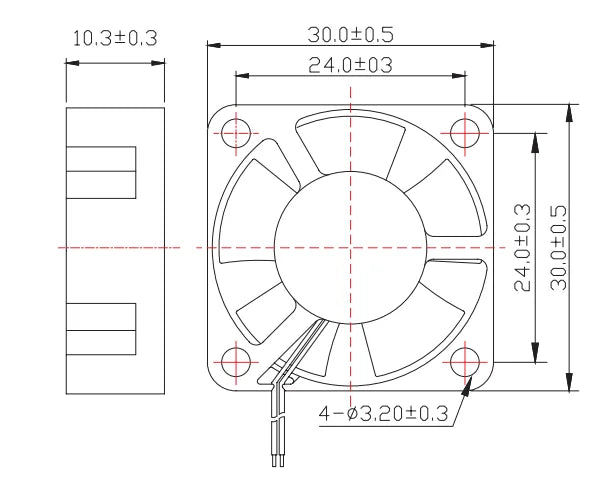 3D printer cooling turbo fan top view diagram with dimensions and 2-pin cable