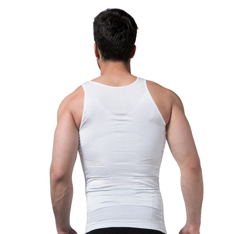 Men's slimming vest, white sleeveless back view with sculpted tummy panels