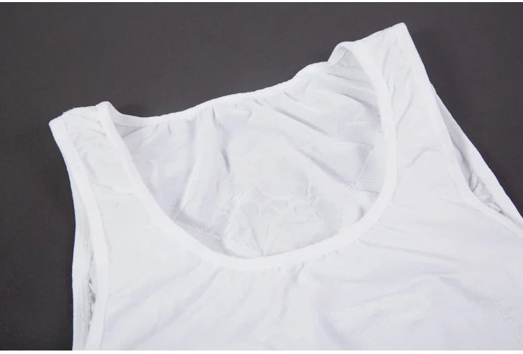 Men's slimming vest, white scoop neckline close-up with textured panel stitching