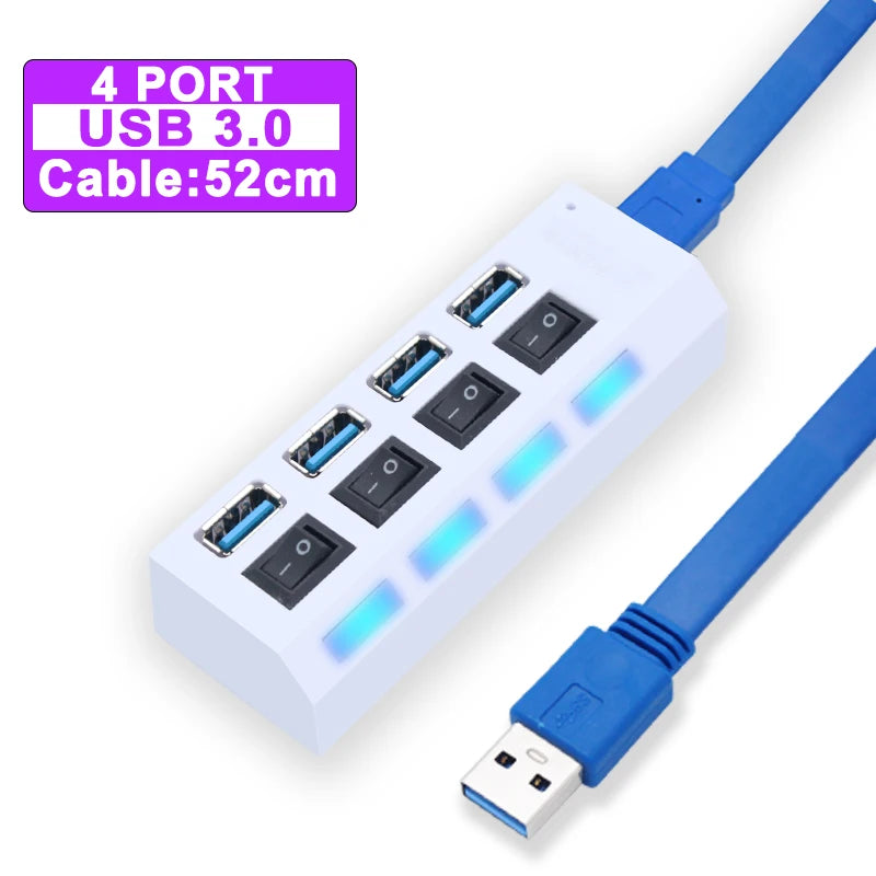White 4-port USB 3.0 hub with blue cable, switch buttons, LED indicators, 52cm