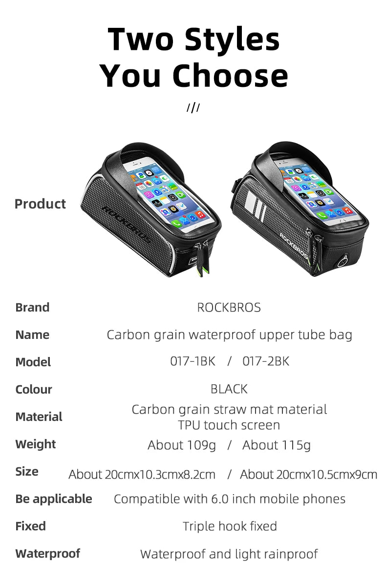 ROCKBROS waterproof up front phone bag product info graphic with two styles