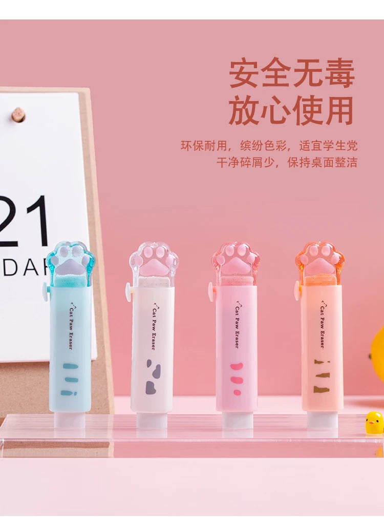 Retractable kawaii cat claw pencil erasers, blue, white, pink, and orange
