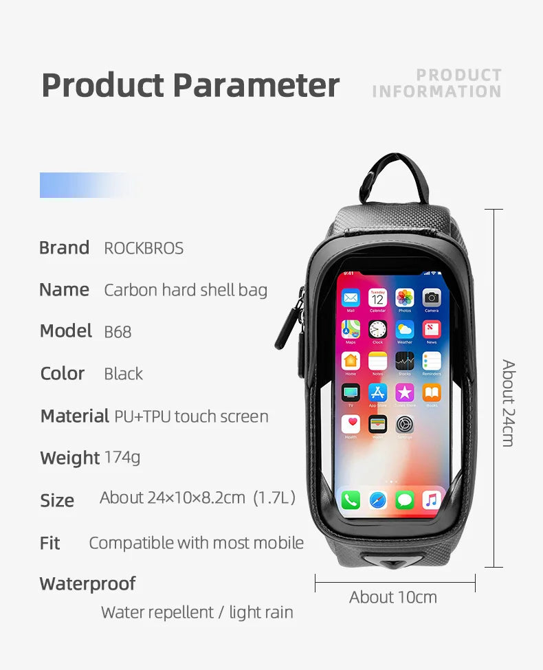 ROCKBROS carbon hard-shell bike phone bag with touch-screen window, black
