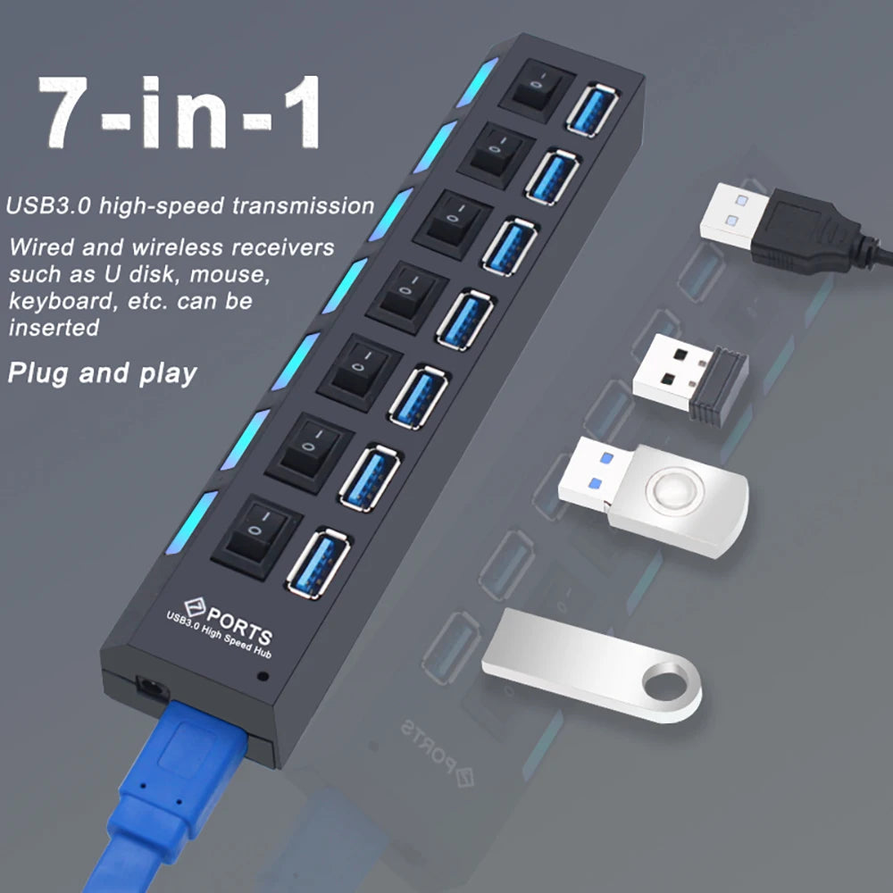 Black 7-port USB hub with blue LED indicators and on/off switches