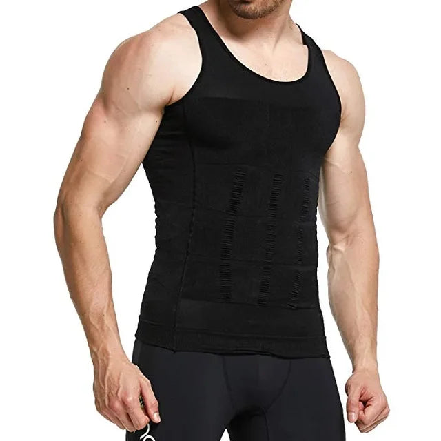 Men's black sleeveless body shaper vest with front panel detailing