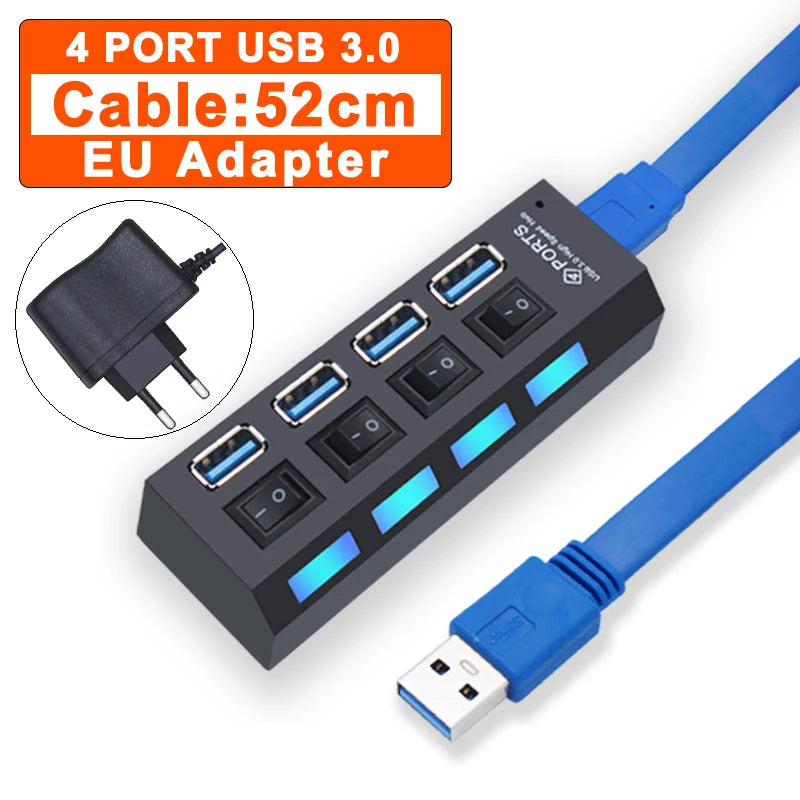 Black 4-port USB 3.0 hub with EU adapter, blue cable, switch buttons, 52cm