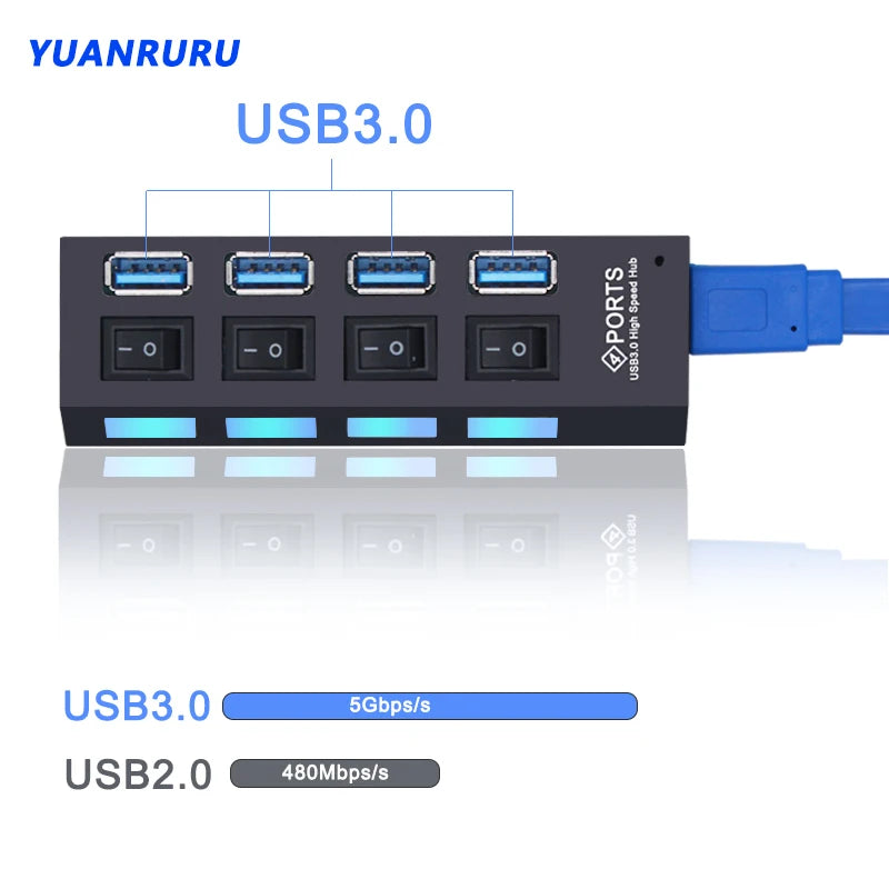 USB hub with four blue USB ports, black body, and power switch buttons