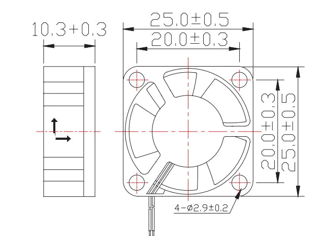 3D printer cooling turbo fan drawing, round 2-pin blower with mounting holes