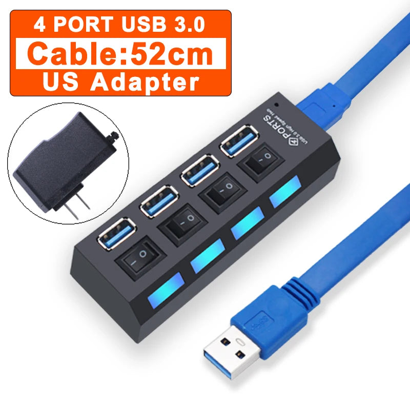 Black 4-port USB 3.0 hub with blue cables, four switches, and LED indicators