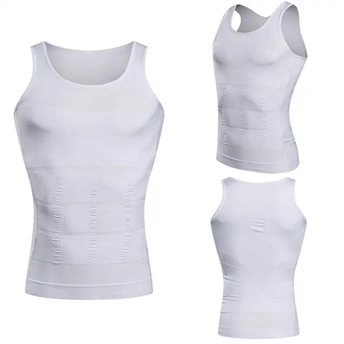 Men's slimming vest, white sleeveless view from front angles with sculpting lines