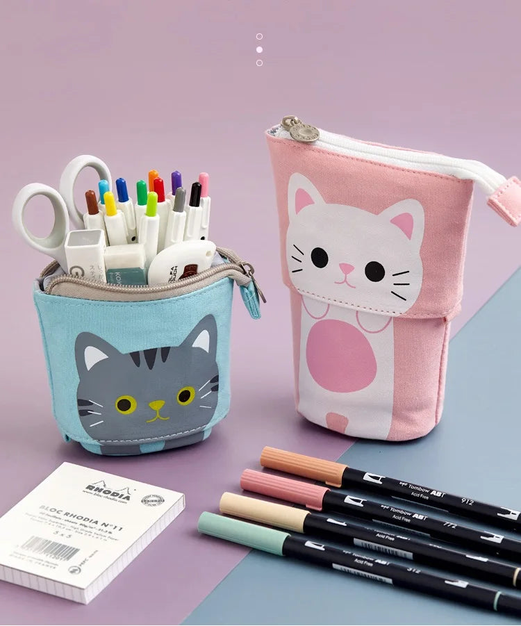 Blue and pink cat face zip pencil pouches with zipper and carrying loop
