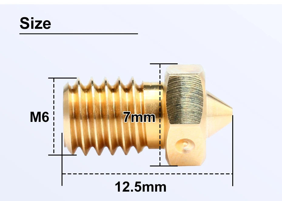 Brass 3D printer nozzle with M6 thread, hex head, and 12.5 mm length