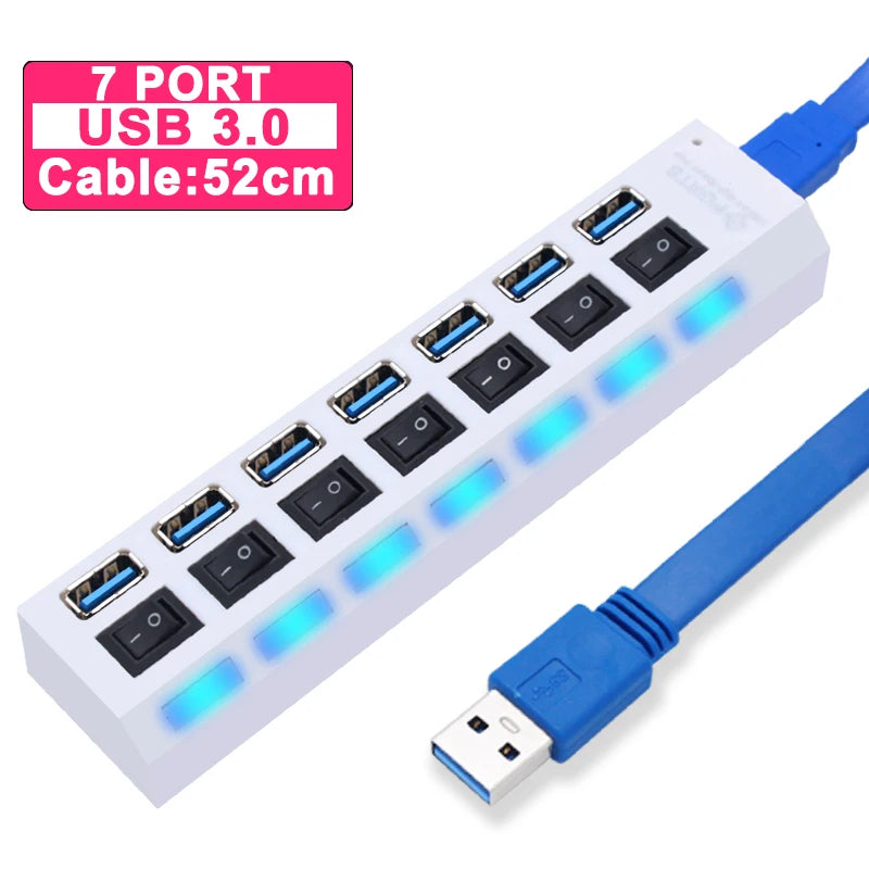 White 7-port USB 3.0 hub with blue cable, switch buttons, LED indicators, 52cm