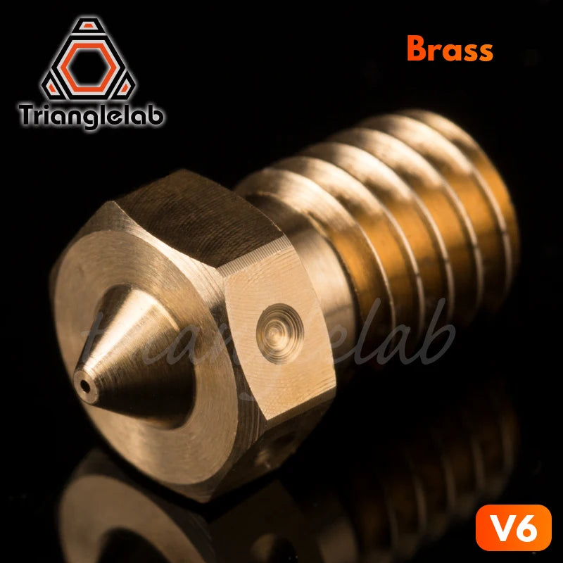 Brass V6 3D printer nozzle, angled close-up with threaded mount