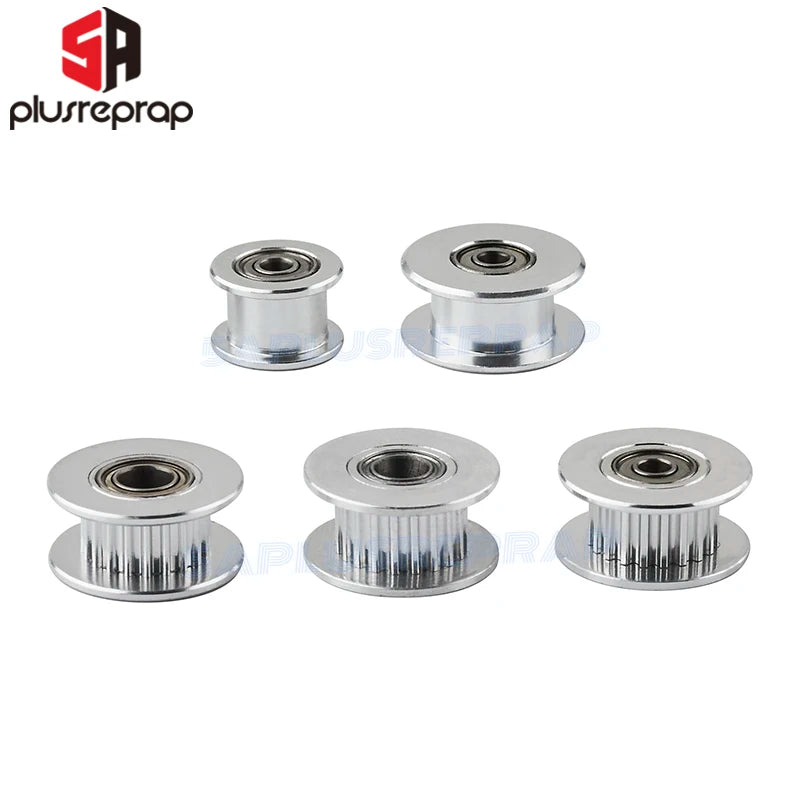 GT2 idler timing pulleys, silver metal with bearings, side view
