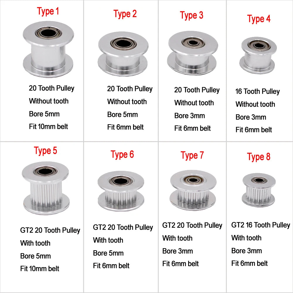GT2 timing pulley set with bearings, mixed tooth counts and bore sizes shown
