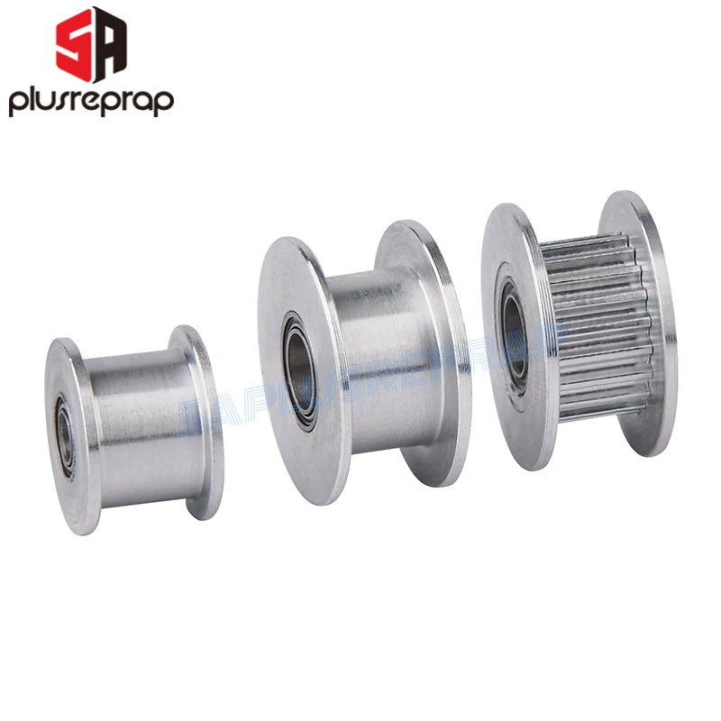 GT2 idler timing pulleys with bearings, silver metal, toothed wheel detail