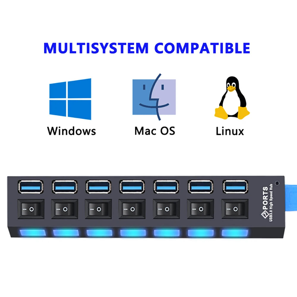 Front view of black multiport USB hub with eight switches and blue LED bars