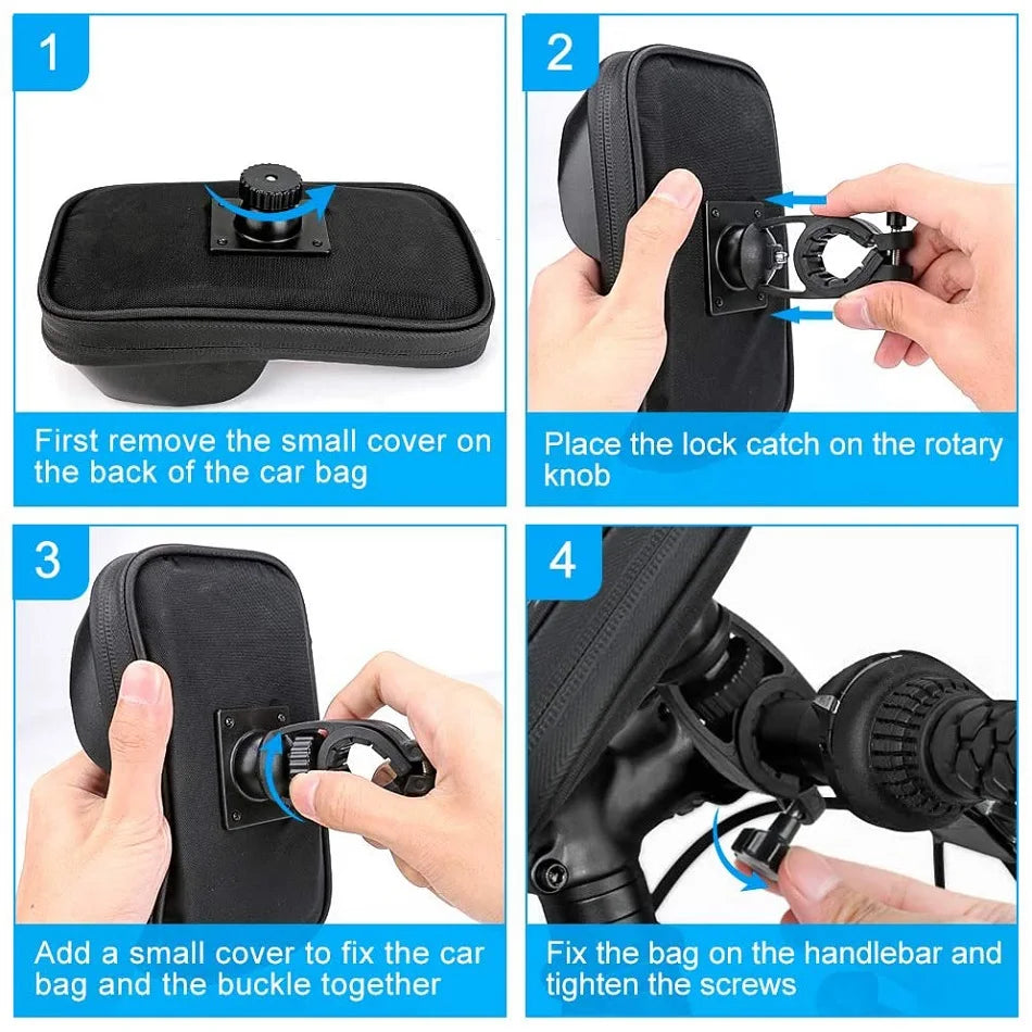 Black handlebar phone holder bag installation steps, showing lock knob cover and tightening screws