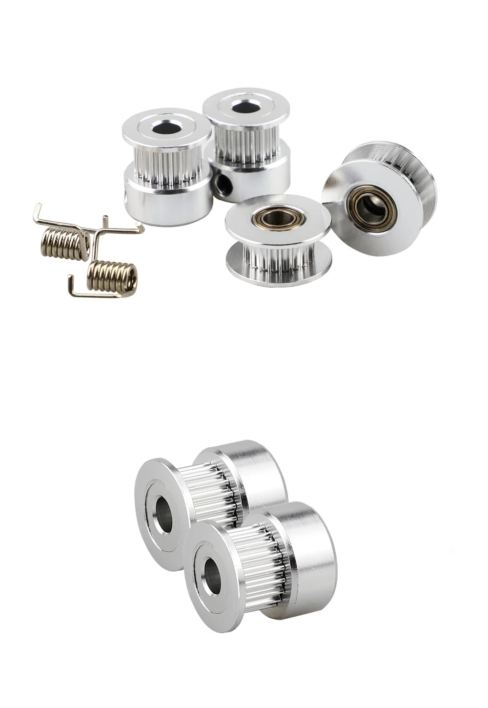 GT2 pulley kit with four toothed pulleys, bearings, and two tension springs