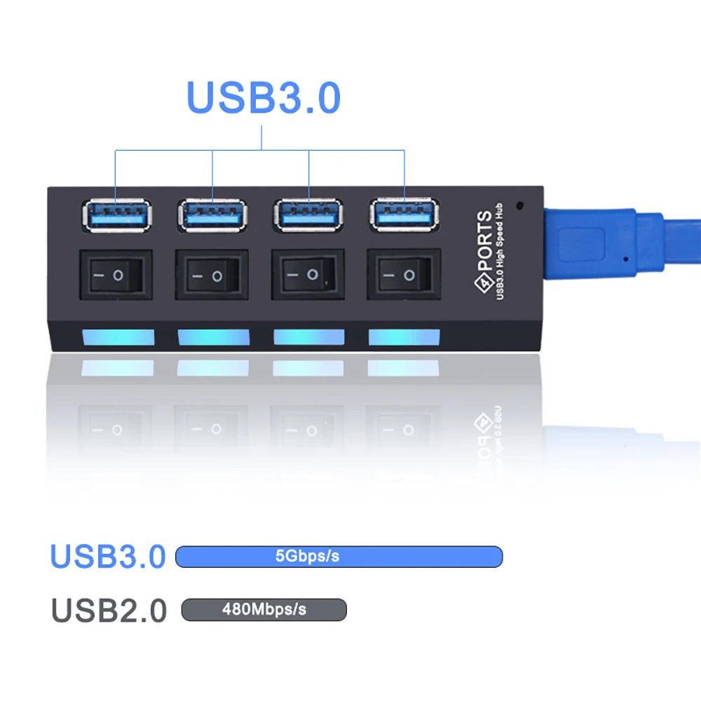 Front view of black USB 3.0 hub with four blue USB ports and switches