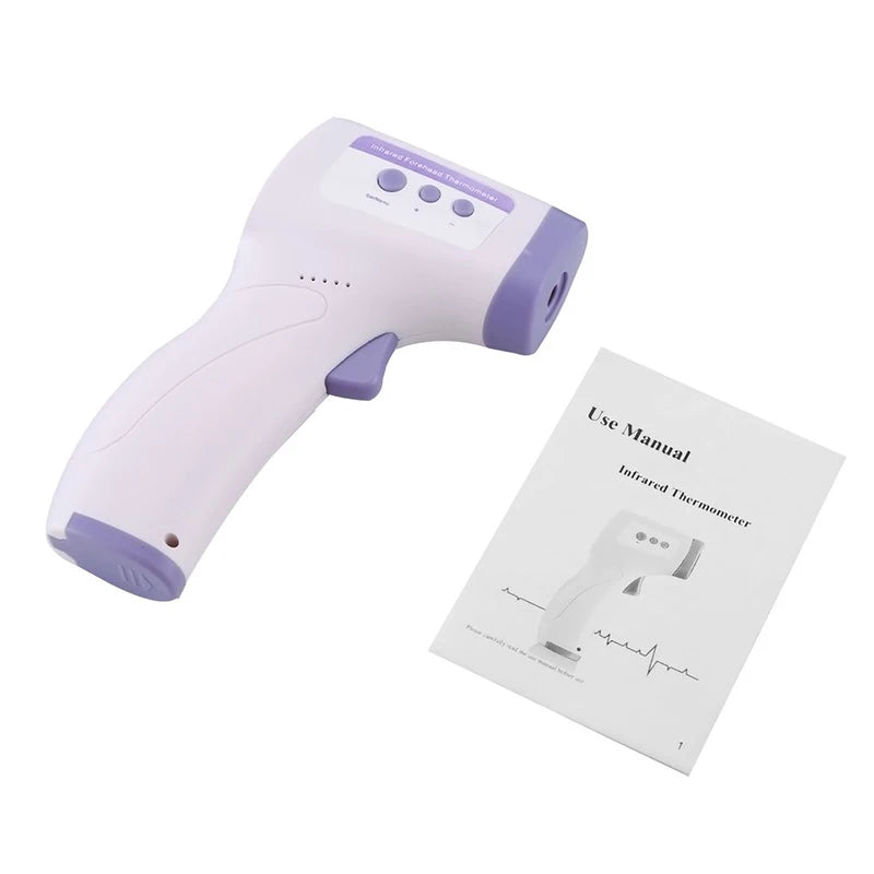 White and purple non-contact infrared thermometer with instruction manual included.