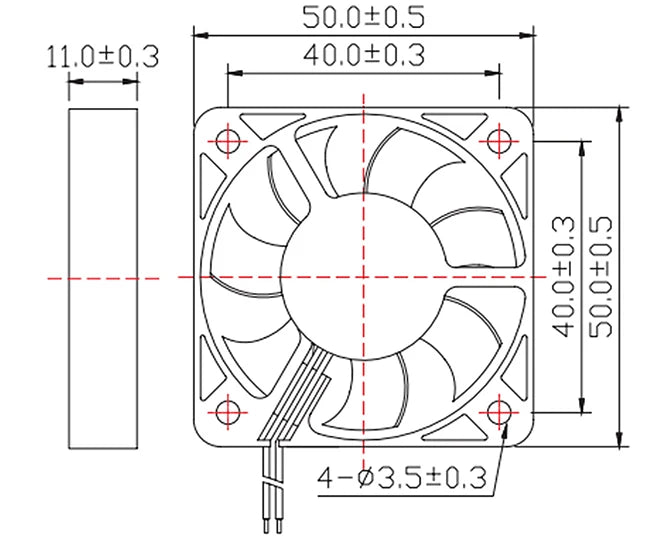 40mm brushless cooling turbo fan side view with screw holes and leads