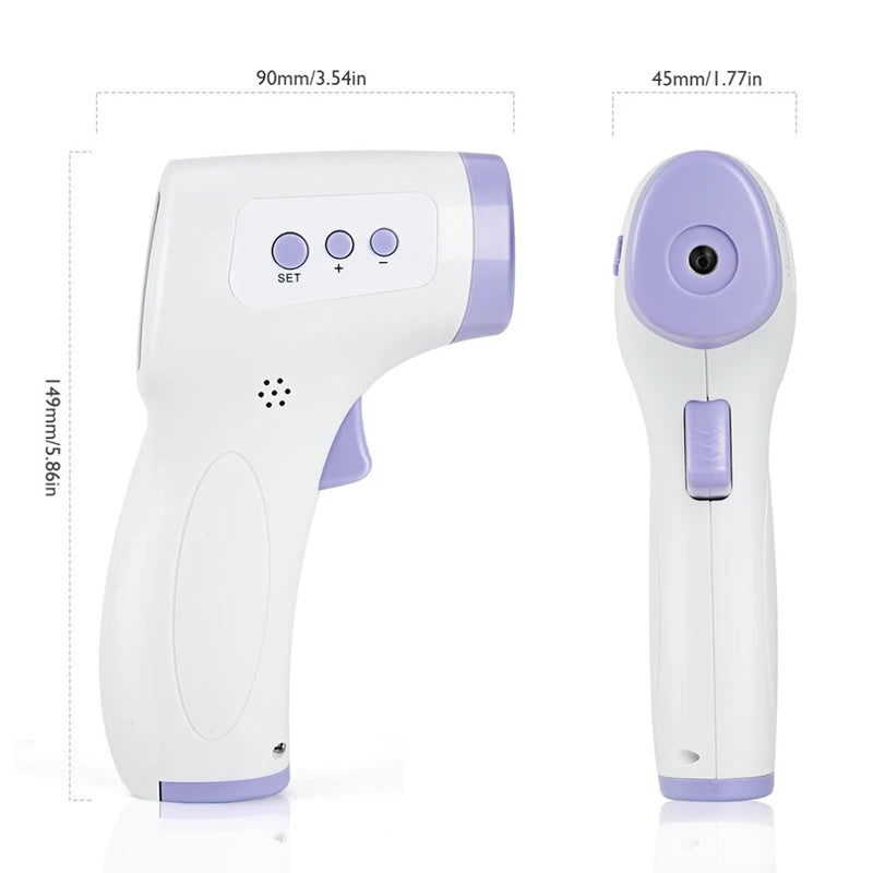 White and purple infrared thermometer body with SET buttons and LCD window.