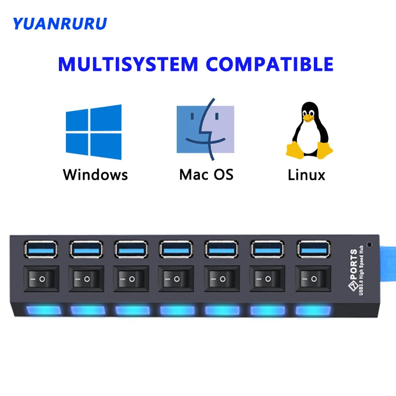 USB hub with eight USB ports, black housing, and blue LED strip indicators
