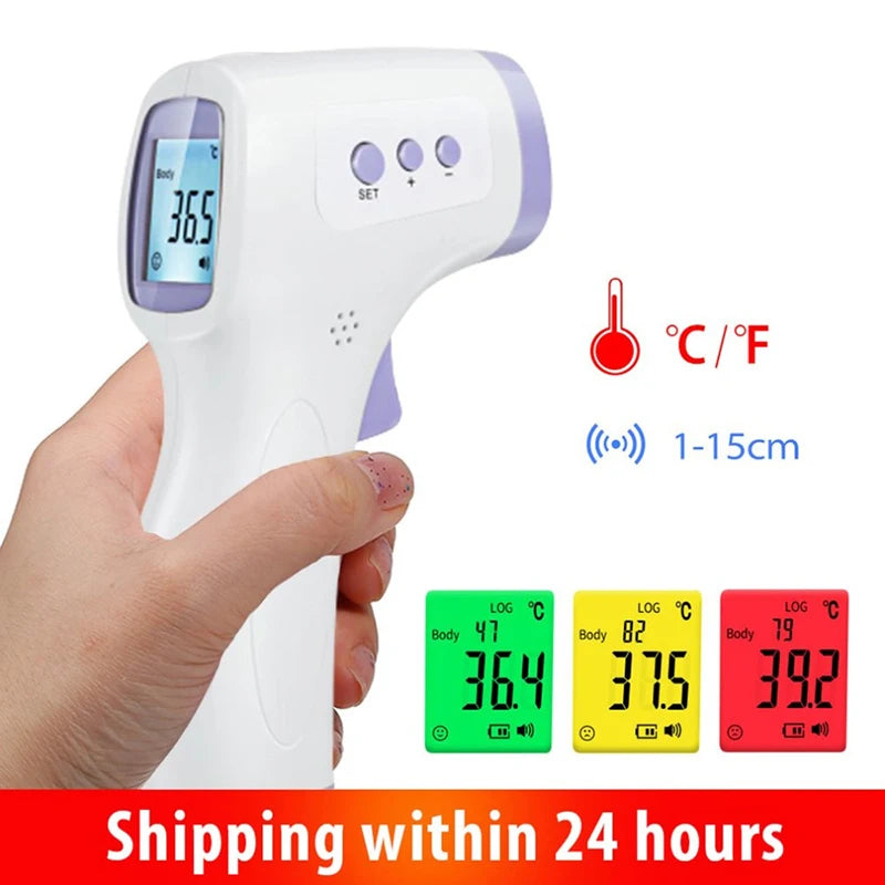 Handheld non-contact infrared thermometer in white and purple, LCD shows 36.9.