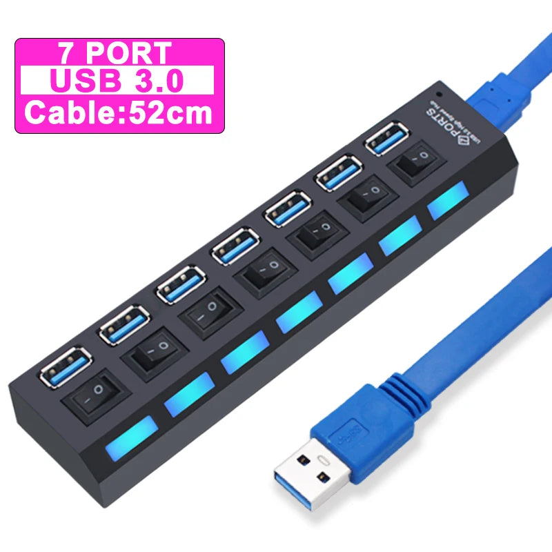 Black 7-port USB 3.0 hub with blue cable, switch buttons, and LED indicators, 52cm