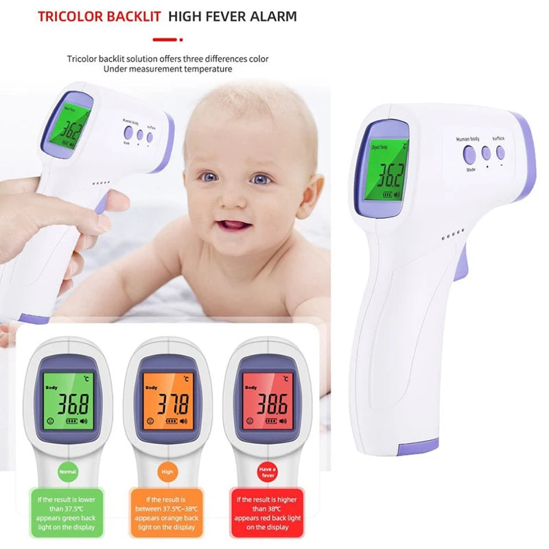 White and purple non-contact infrared digital thermometer with green LCD display.