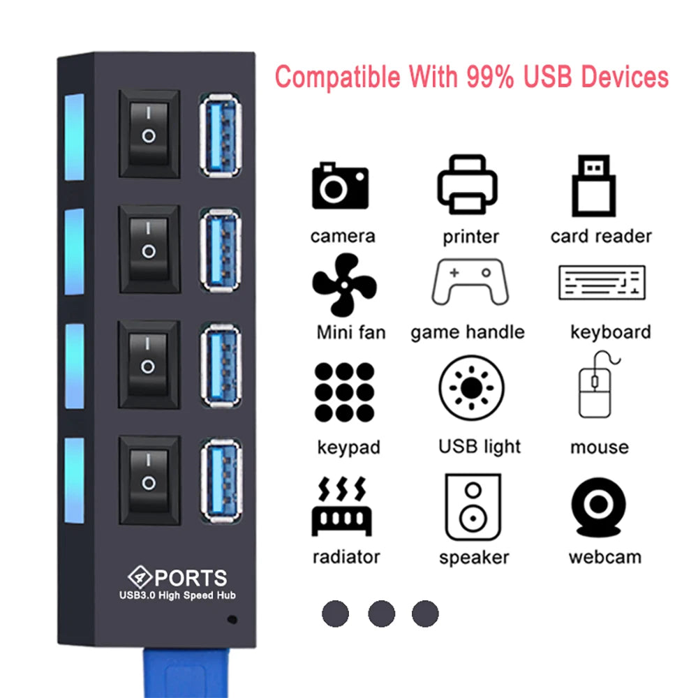 Black USB hub with side USB ports and four on/off rocker switches