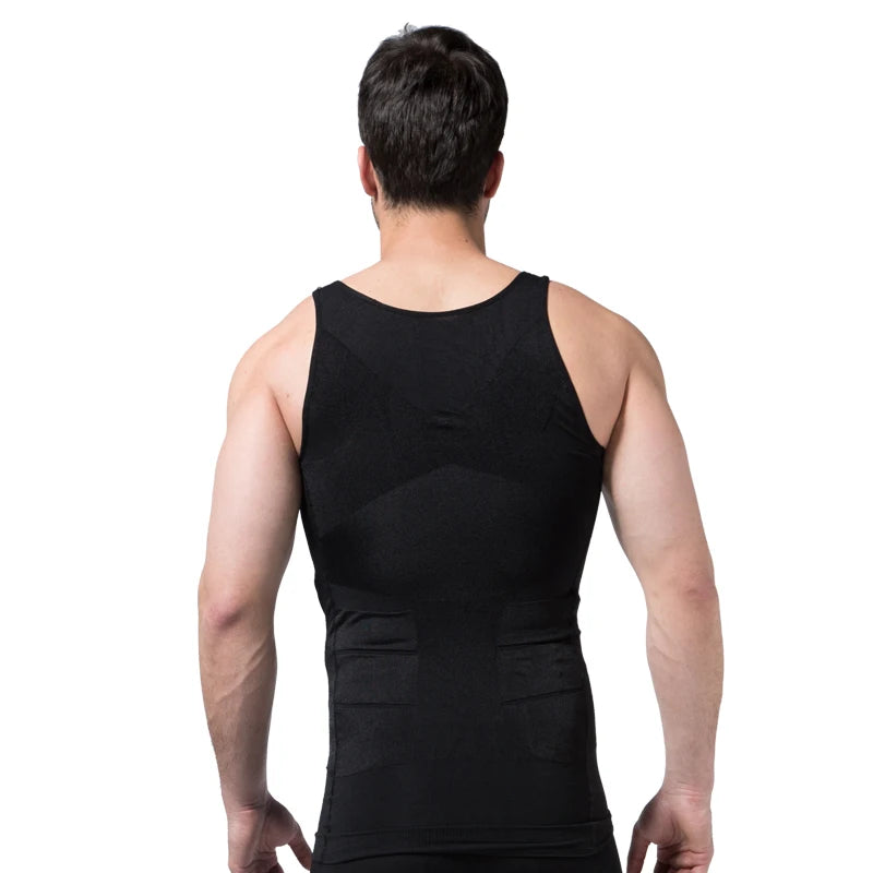 Men's slimming vest, black sleeveless back view with high scoop neckline