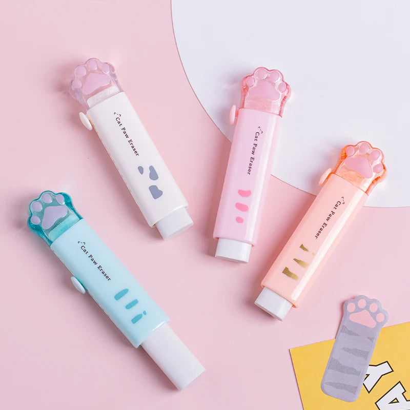 Kawaii cat paw retractable pencil eraser set in white, pink, blue, and orange