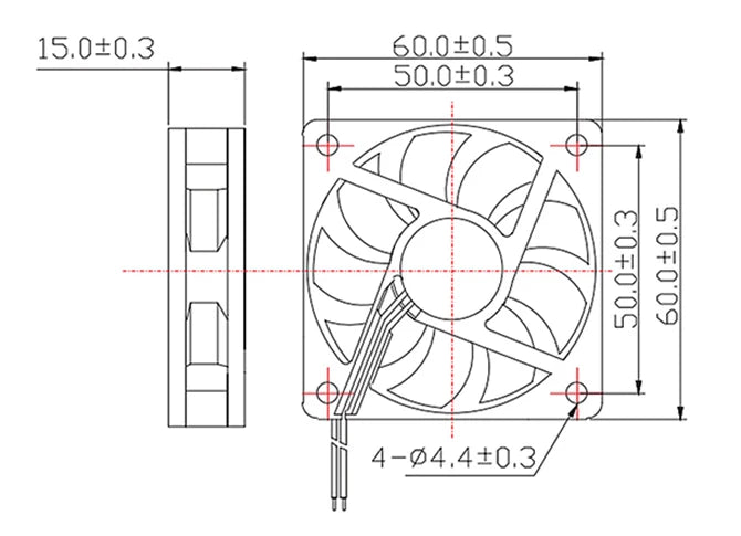 Brushless DC cooling fan diagram with mounting holes and size measurements