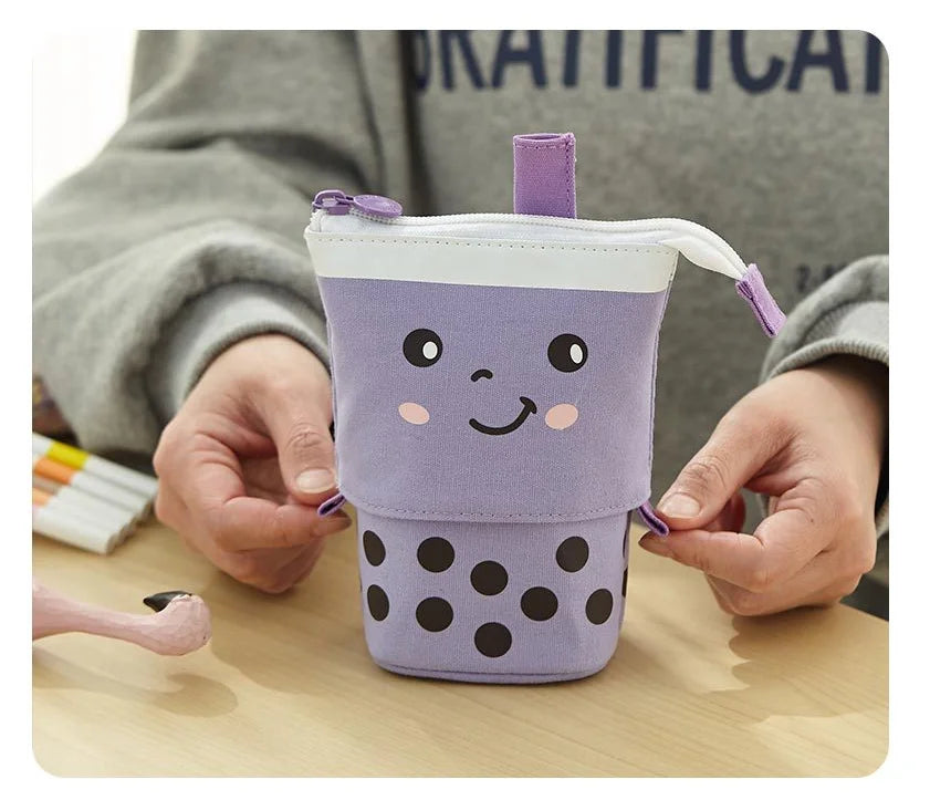 Purple cat-themed pencil pouch with zipper and polka-dot lower panel