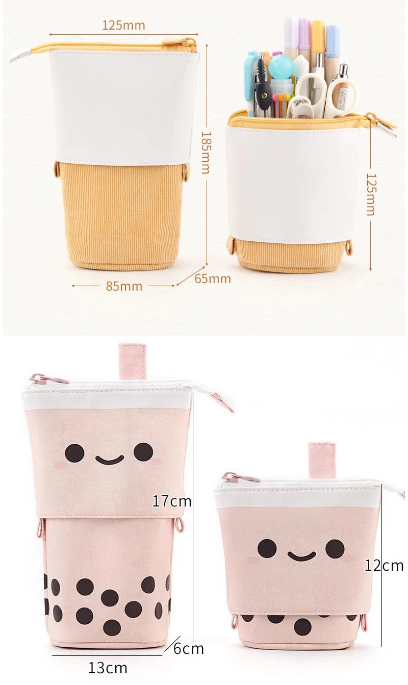 Cat face zip pencil pouches in white and pink, shown with size variations