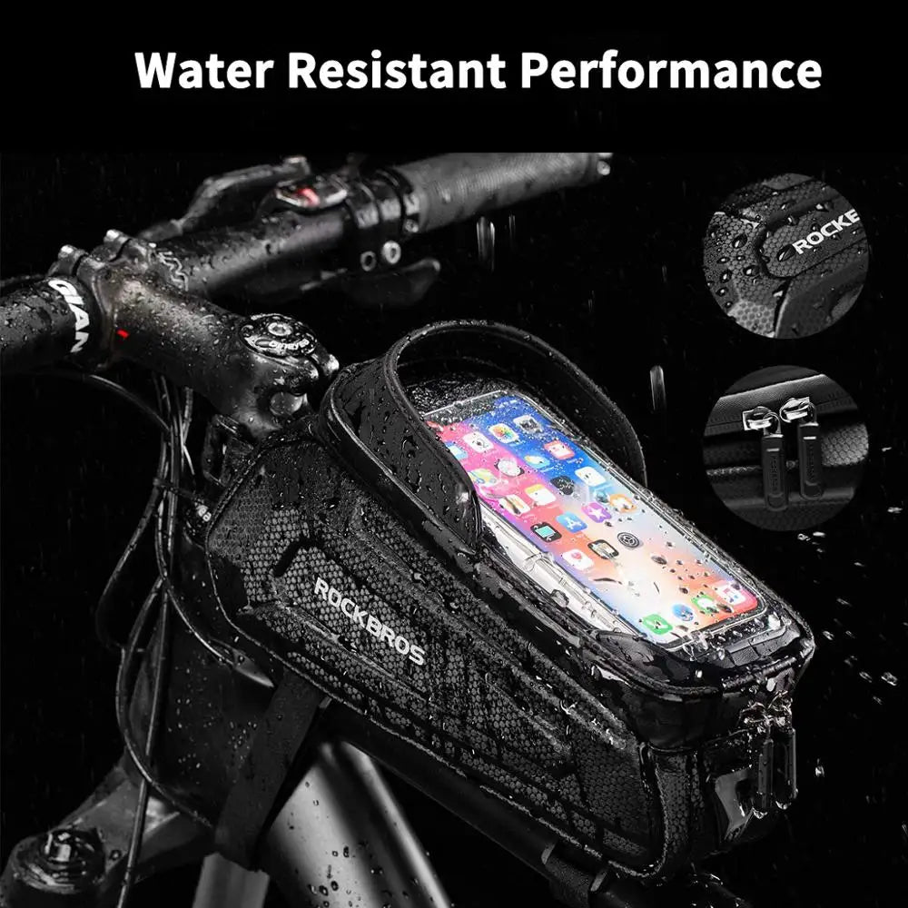 ROCKBROS waterproof bike phone bag with phone inside, water droplets, mesh-texture