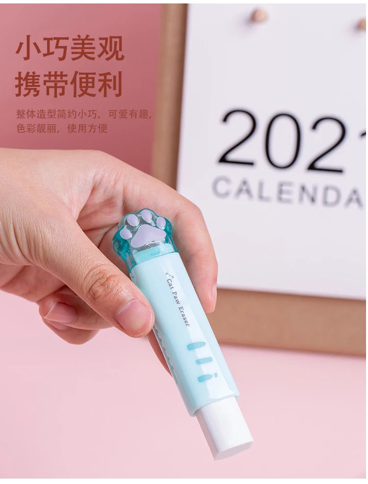 Retractable kawaii cat claw pencil eraser, light blue body with paw print