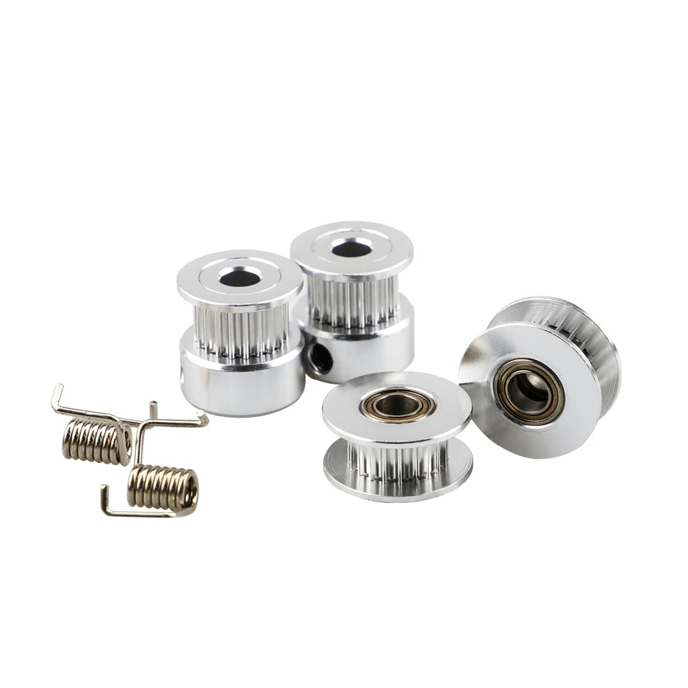 GT2 pulley kit with four toothed wheels, bearings, and two tension springs