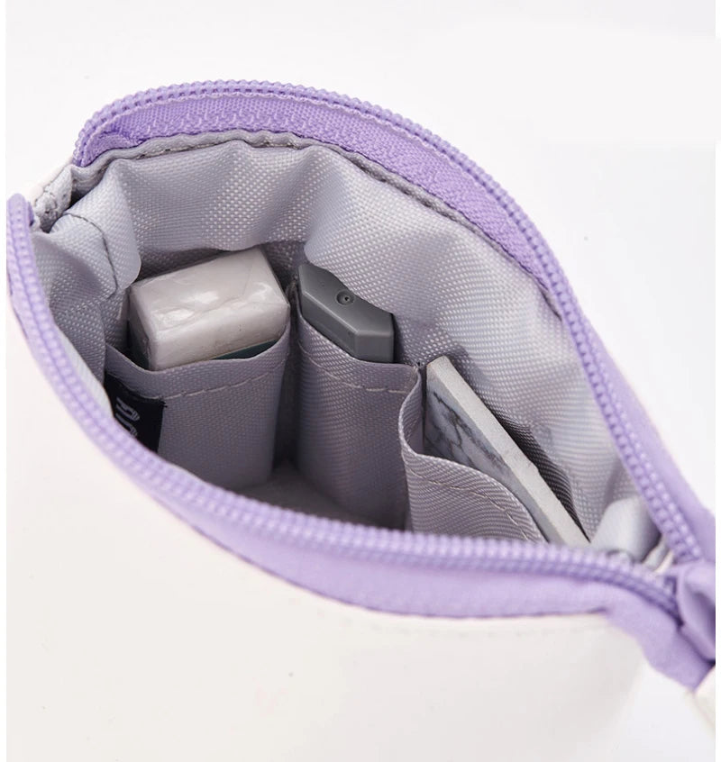 Lavender pencil case pouch with zipper, open top showing compartments inside
