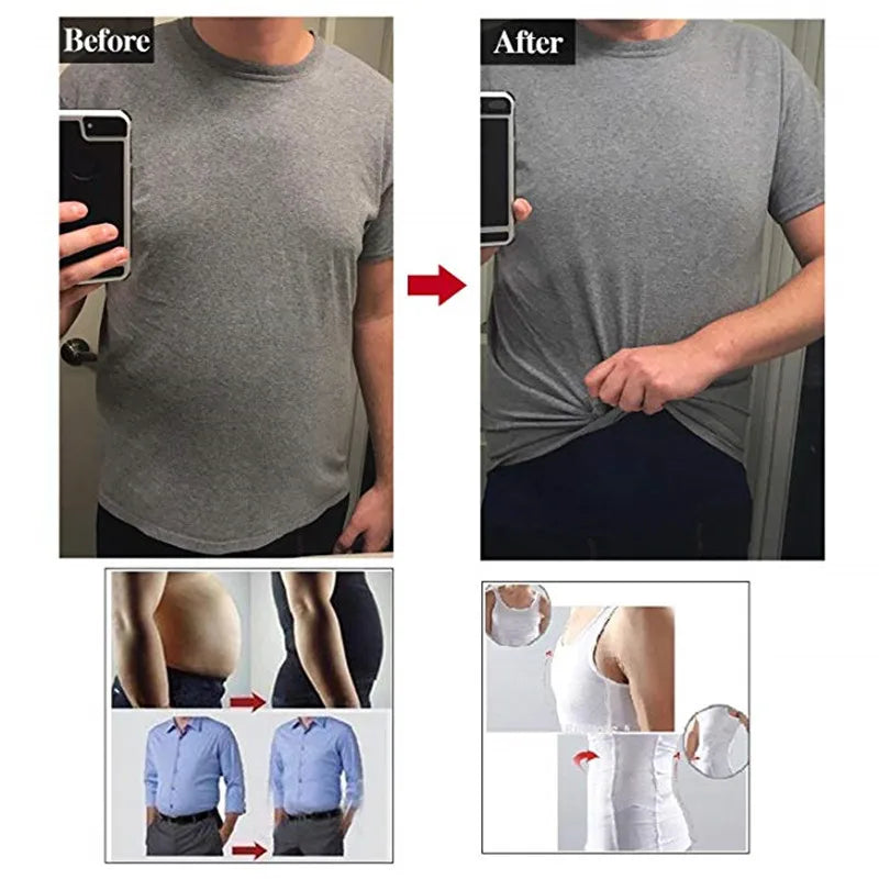 Slimming vest before-and-after waist shaping on a man wearing the vest
