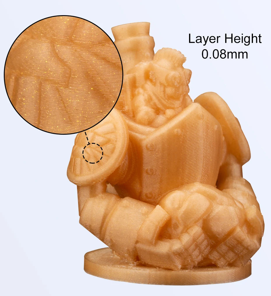Bronze 3D printed sample with inset showing layer height 0.08 mm