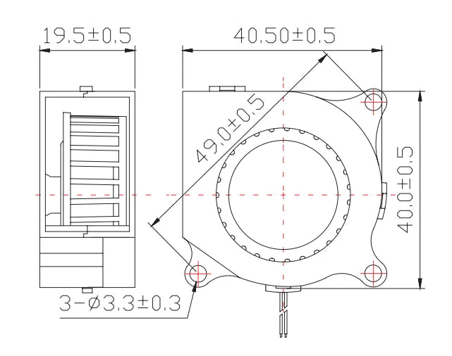40mm brushless cooling turbo fan mounting dimensions, 2-pin connector